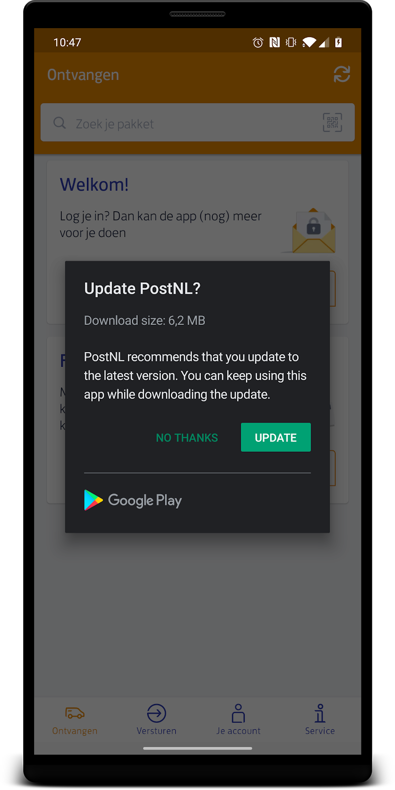 The PostNL app with an in-app update notification
