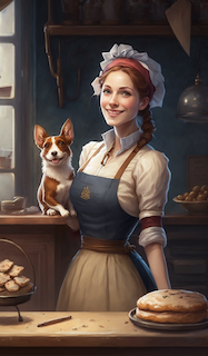 A generated image representing Sophie, a young friendly lady, owner of a local French bakery along with her three-legged companion.