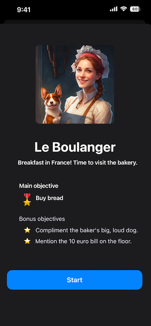 A home or start screen which introduces the scenario of the local French baker and the (bonus) objectives.