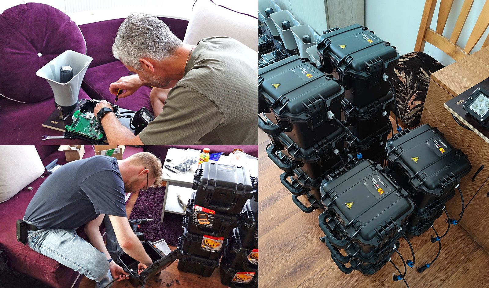Collage of three pictures showing the assembly of the repellers and battery cases.