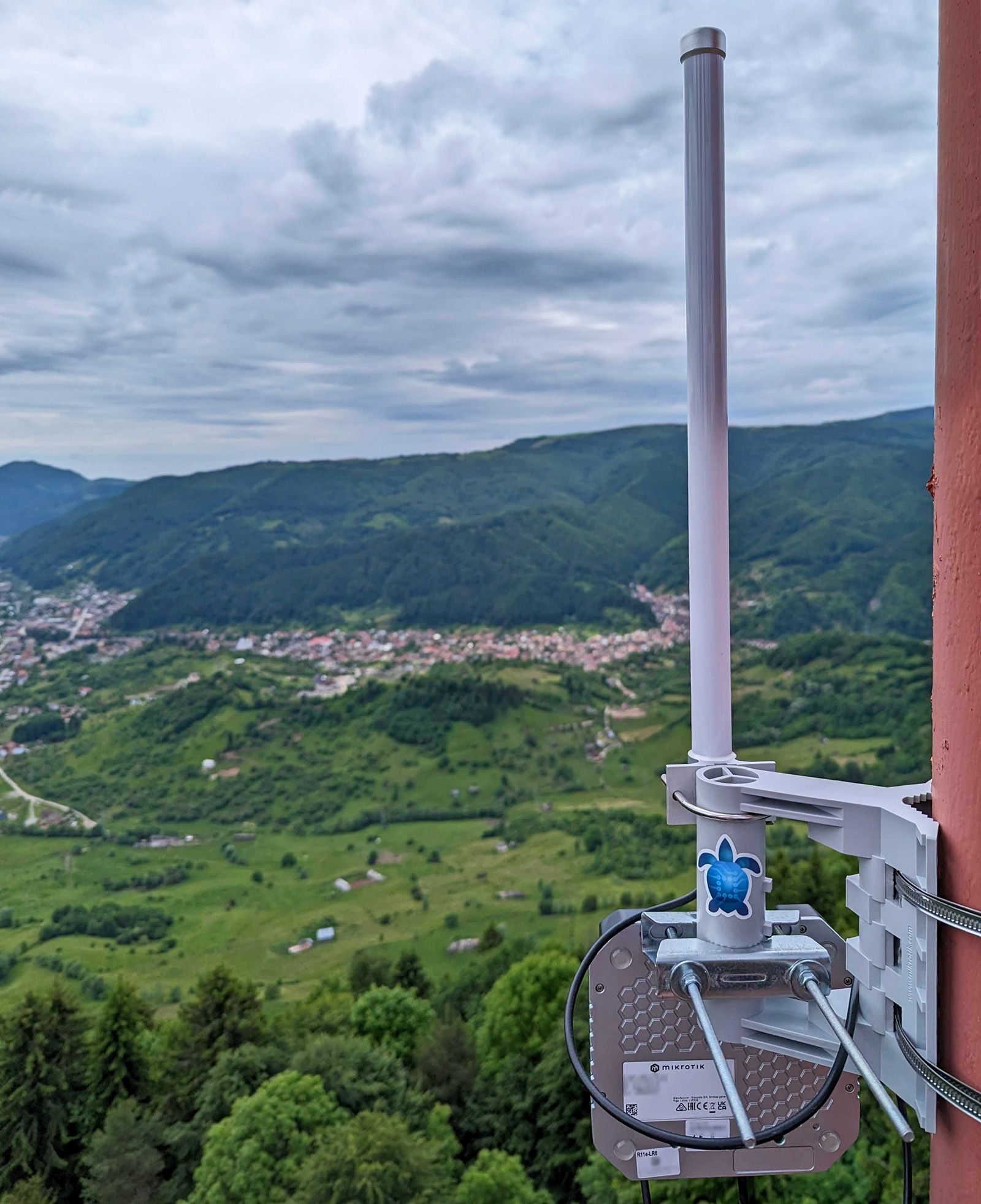 Picture of a LoRa gateway in an abandoned 4G tower on top of a hill in Romania.
