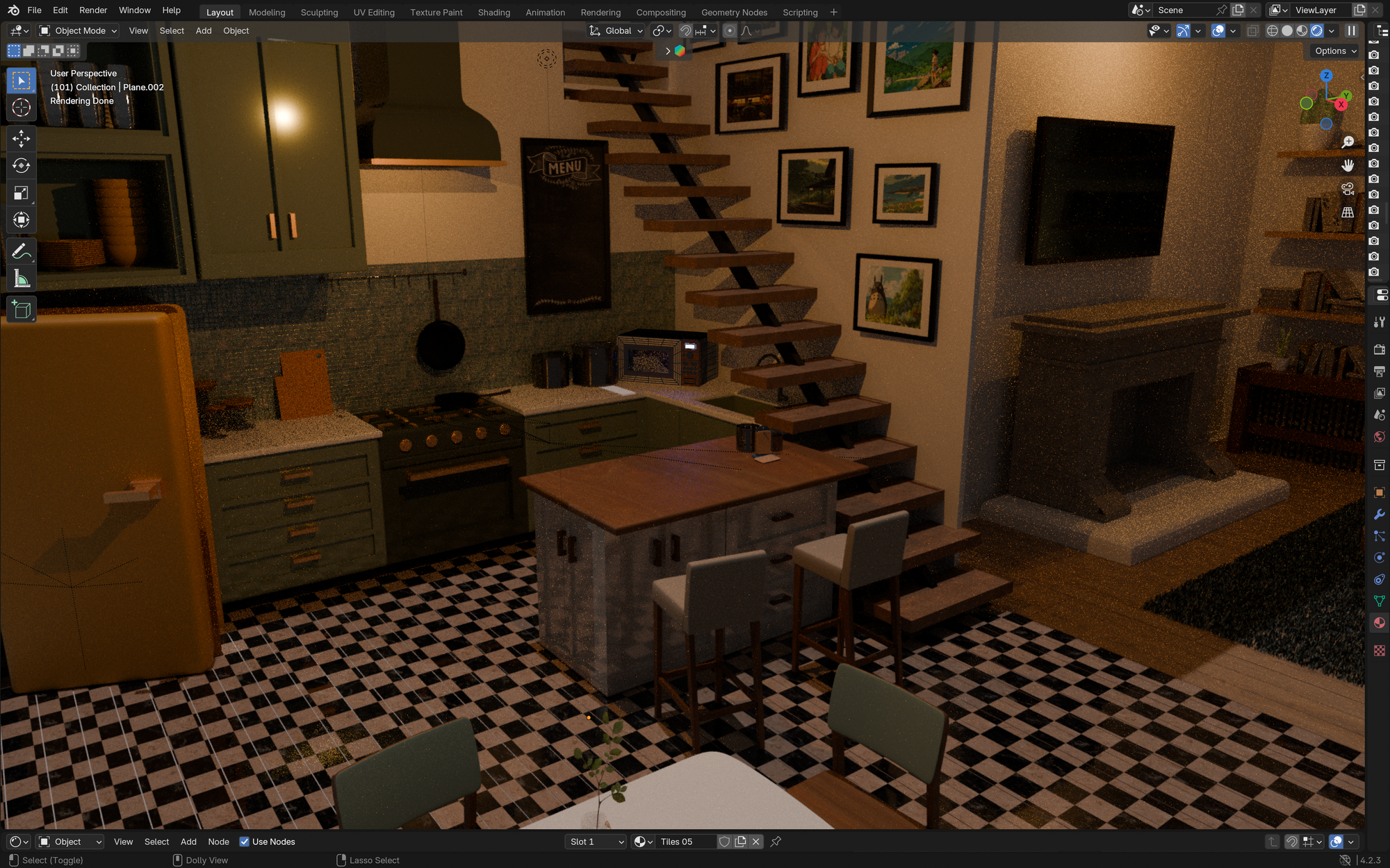 Screen shot of the Blender application with the finished kitchen including colours and materials.