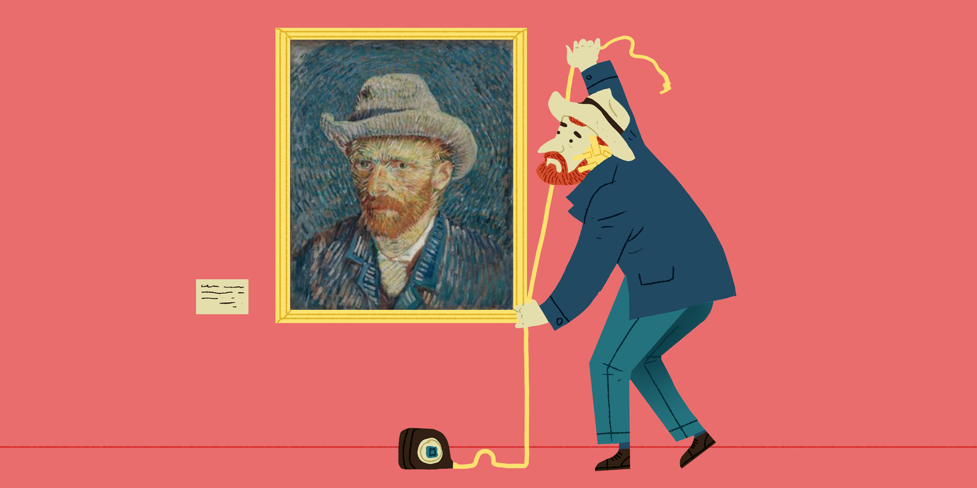 Illustration of a self-portrait of Van Gogh with a little Van gogh figure beside it measuring the painting.