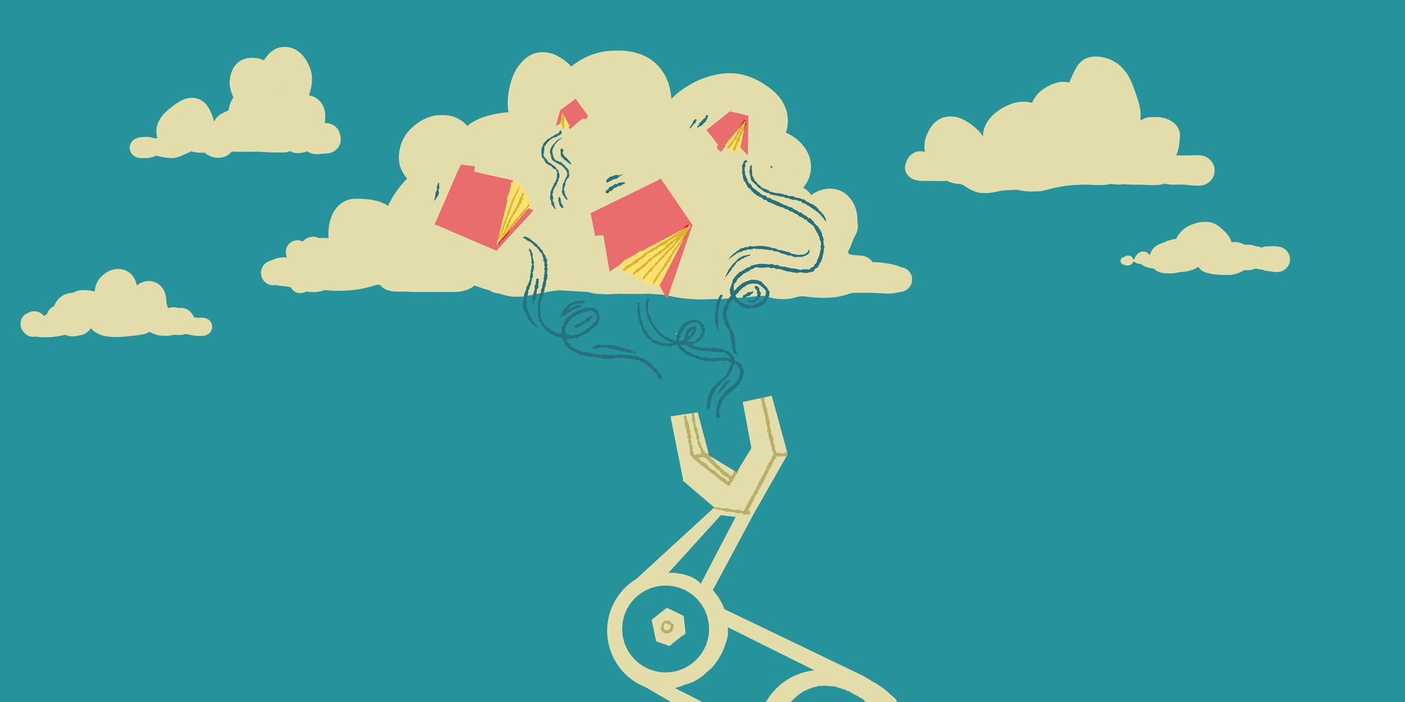 Illustration of a mechanical arm delivering books to the cloud.