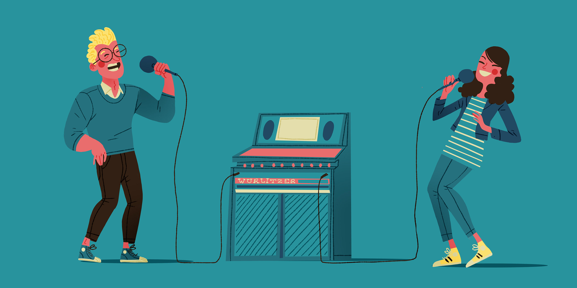 Illustration of two people singing at a karaoke machine.