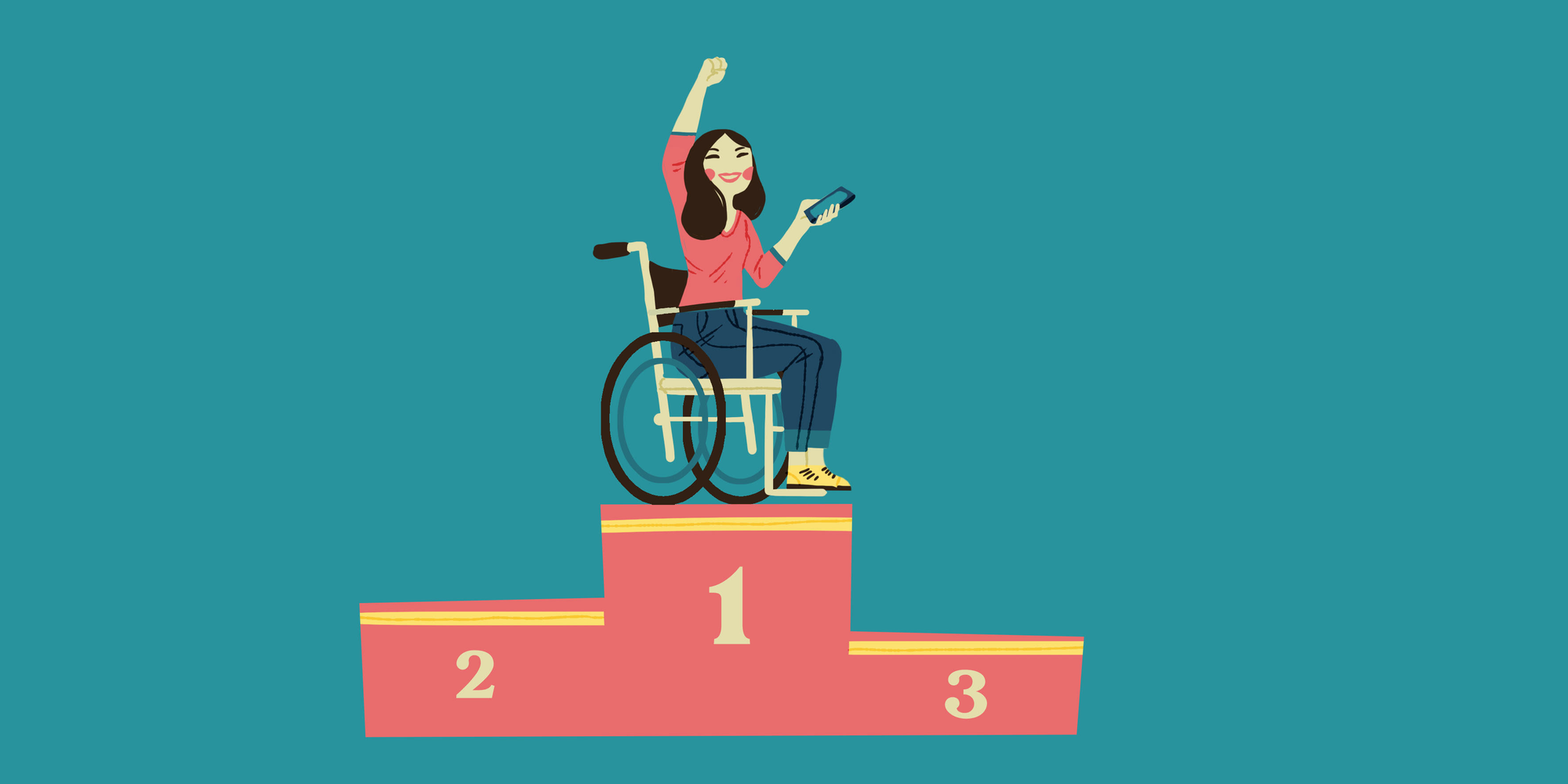 Illustration of a winners podium with a cheering woman in a wheelchair.