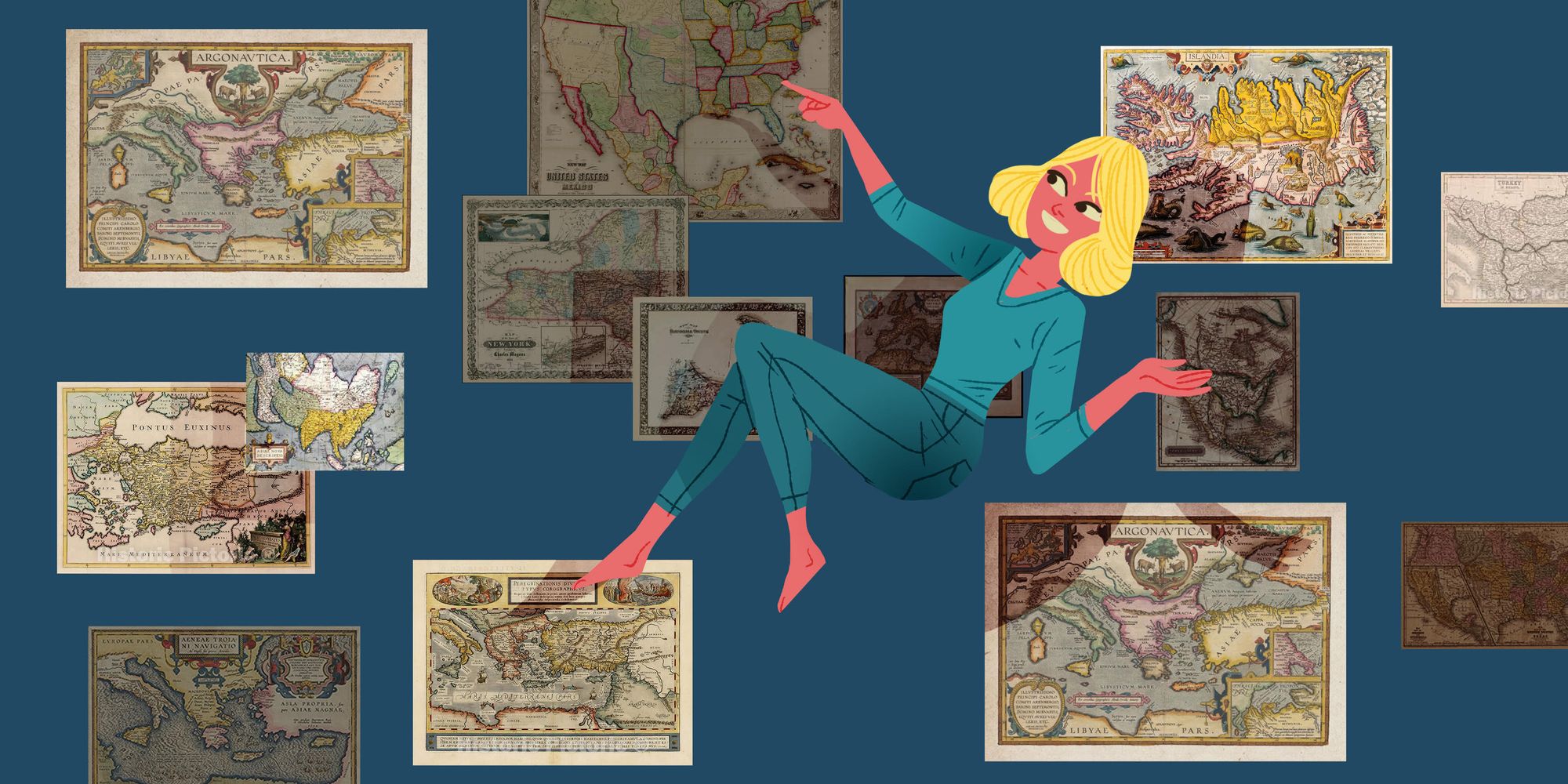 Illustration of a woman seemingly floating among ancient maps.