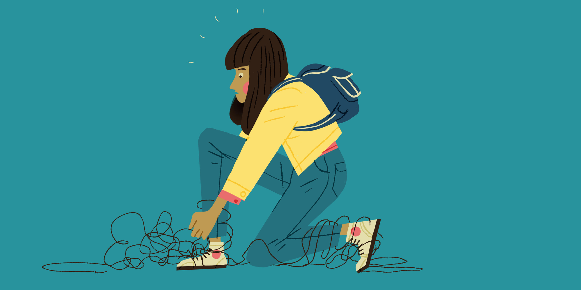 Illustration of a girl tying her shoes.