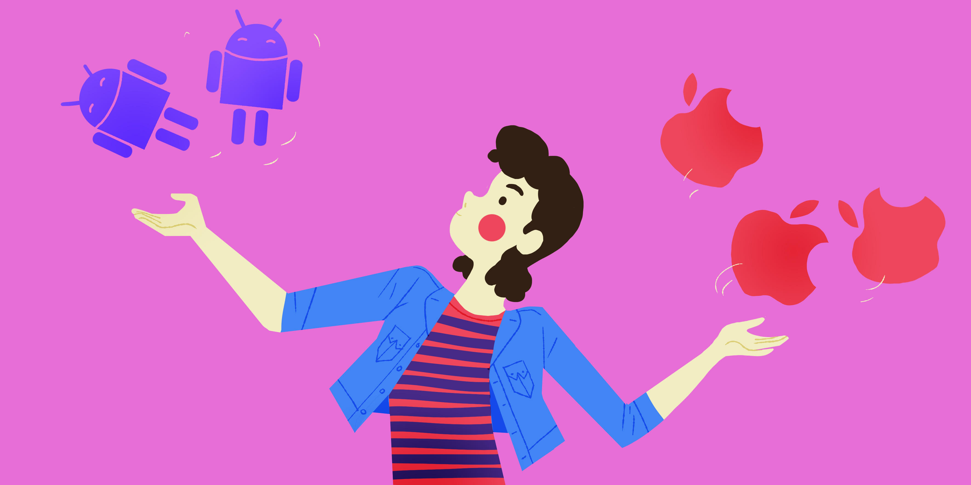 Illustration of a person juggling with Android and Apple icons.