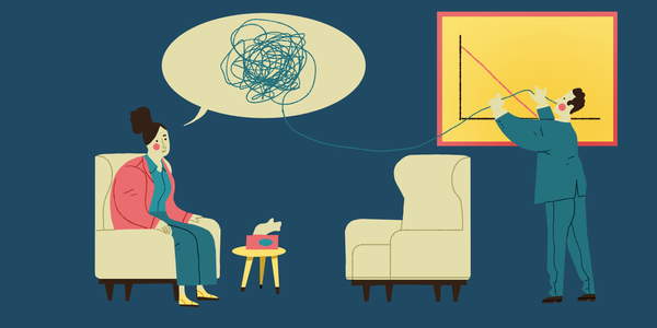 Illustration of a researcher (right) trying to put the words of a patient (left) into a statistical graph.