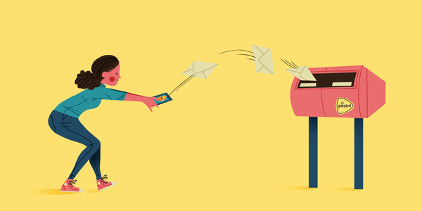 Illustration of a woman with a mobile phone in her hand, that sends a flying letter to a mailbox.
