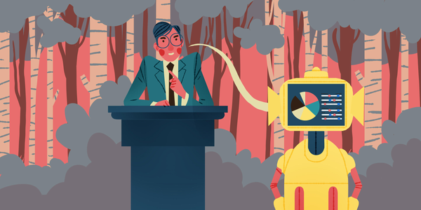 Illustration of a politician speeching with an AI robot analysing him.