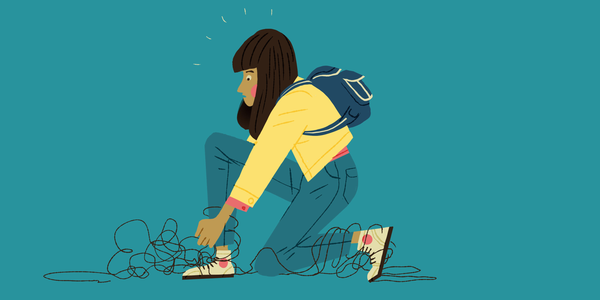 Illustration of a girl tying her shoes.